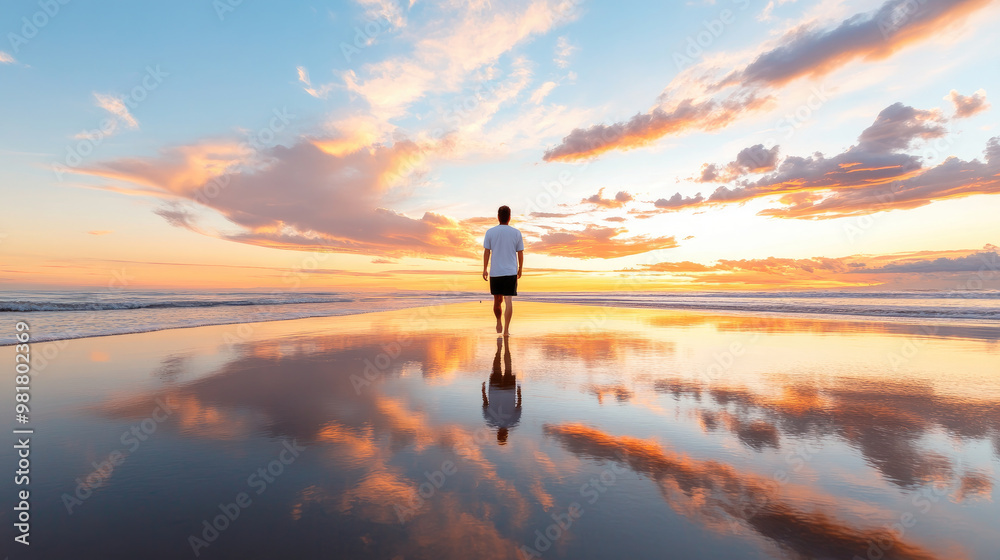 A man taking calming walk along beach at sunset, reflecting on serene waters and vibrant sky. peaceful atmosphere evokes sense of tranquility and connection with nature A man taking calming walk along beach at sunset, reflecting on serene waters and vibrant sky. peaceful atmosphere evokes sense of tranquility and connection with nature