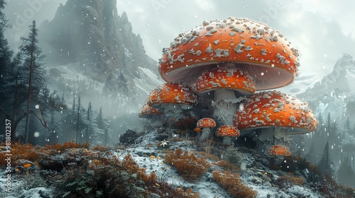 Enchanted Forest with Giant Mushrooms in Winter photo