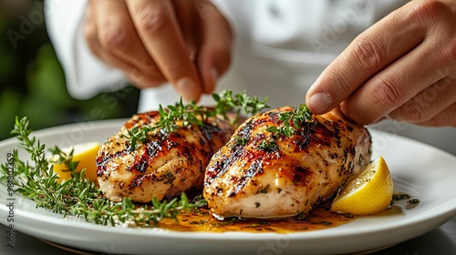 Grilled chicken breasts garnished with thyme and lemon wedges