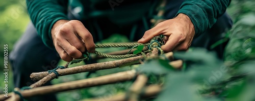 Camper making a rope ladder from vines and branches, camping survival, improvised climbing tools photo