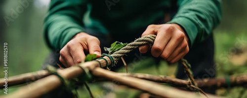 Camper making a rope ladder from vines and branches, camping survival, improvised climbing tools photo