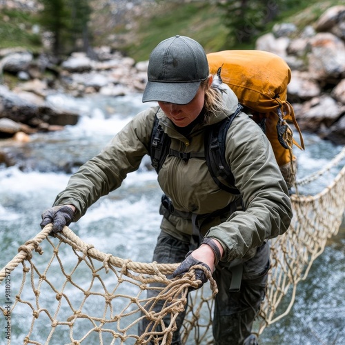 Camper making use of an improvised rope bridge to cross a river, camping survival, river crossing improvisation photo