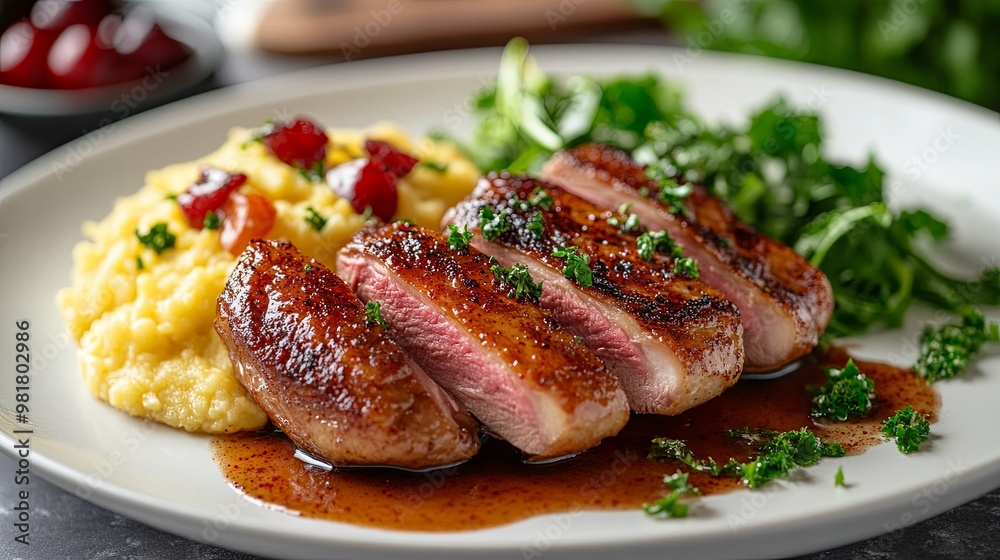 Pan-Seared Duck Breast with Polenta, Cranberry, and Greens Pan-Seared Duck Breast with Polenta, Cranberry, and Greens