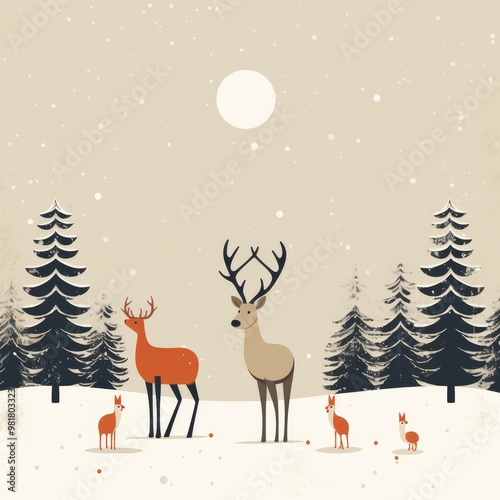 A minimalist yet charming scene with Santa's elk and a snowman. The elk has a majestic stance with its antlers standing out. The snowman is built with care, having a carrot nose and coal eyes.