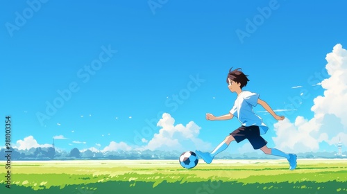 Anime boy kicking a soccer ball on th