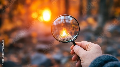 Camper using a magnifying glass to light tinder, direct sunlight, camping survival, alternative fire-starting