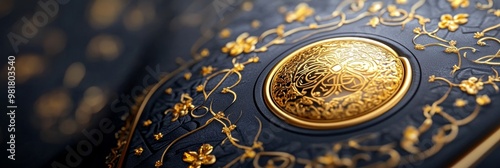A detailed close-up of an ornate Mawlid invitation card featuring intricate golden calligraphy, symbolizing celebration, faith, tradition, community, and joy.