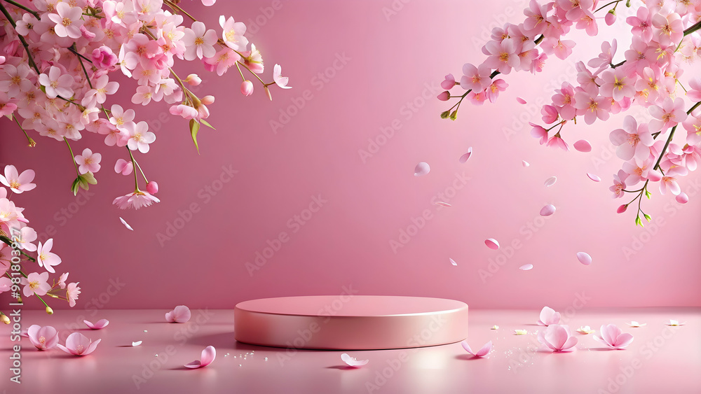pink podium with falling Sakura pink flowers, perfect for promoting beauty products or cosmetics pink podium with falling Sakura pink flowers, perfect for promoting beauty products or cosmetics