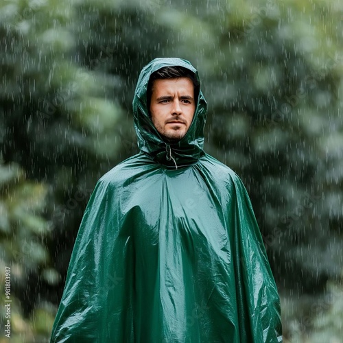 Camper wearing a makeshift poncho made from a garbage bag in a rainstorm, camping survival, emergency rain gear