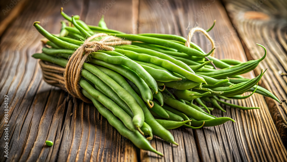 Organic natural string beans on a wooden table, healthy, fresh, farm, produce, green, vegetable, nutrition, raw Organic natural string beans on a wooden table, healthy, fresh, farm, produce, green, vegetable, nutrition, raw