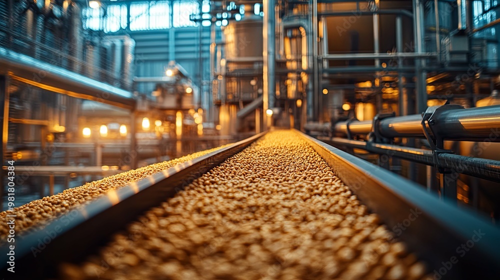Industrial Conveyor Belt with Grains Moving Through a Factory Industrial Conveyor Belt with Grains Moving Through a Factory