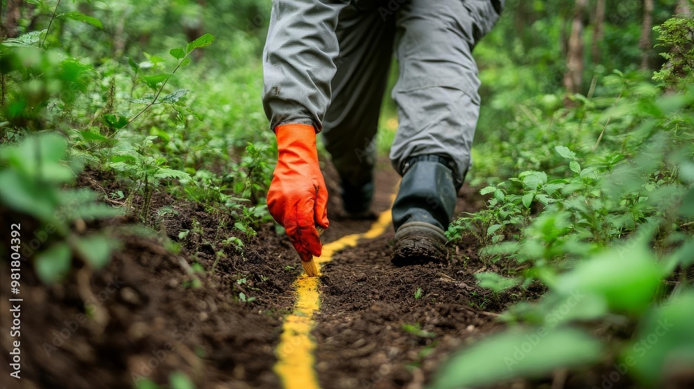 Individual using natural dye to mark trails in a dense forest, camping survival, trail marking techniques Individual using natural dye to mark trails in a dense forest, camping survival, trail marking techniques