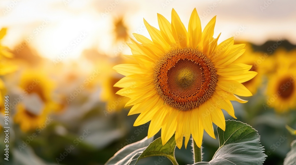 Fototapeta premium A vibrant sunflower stands tall in a field, basking in warm sunlight, with a beautiful golden hue and lush green leaves surrounding it.
