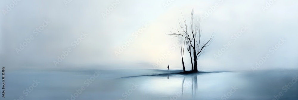A solitary figure stands amidst a hazy landscape, surrounded by bare trees and a reflective water surface, symbolizing solitude, contemplation, mystery, and the passage of time. A solitary figure stands amidst a hazy landscape, surrounded by bare trees and a reflective water surface, symbolizing solitude, contemplation, mystery, and the passage of time.