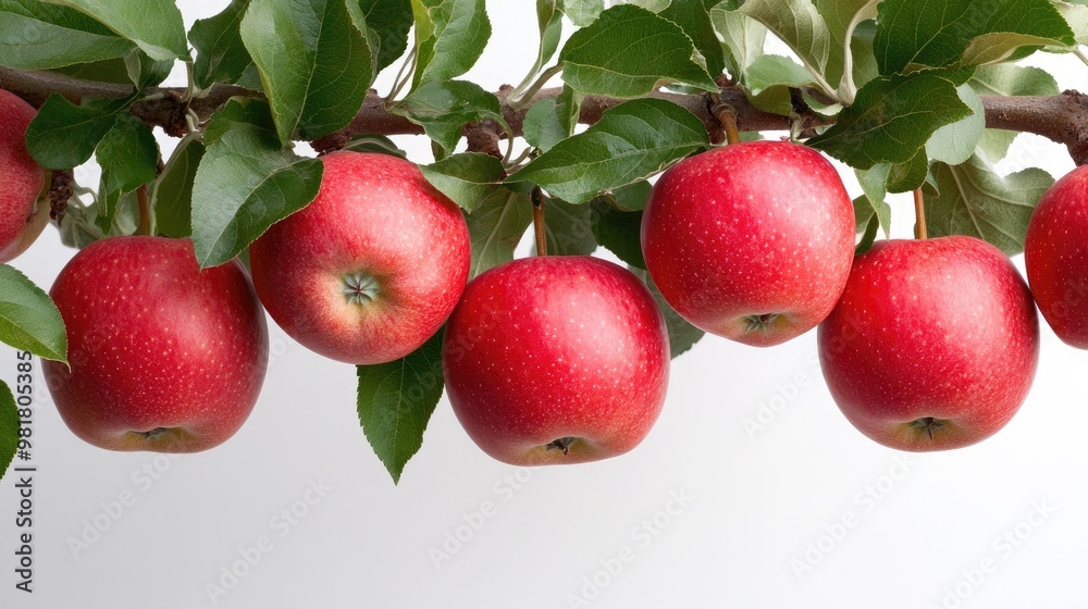 A branch with ripe, red apples against a light background, showcasing their glossy skin and vibrant green leaves. A branch with ripe, red apples against a light background, showcasing their glossy skin and vibrant green leaves.