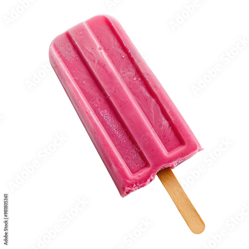 A pink popsicle on a wooden stick.