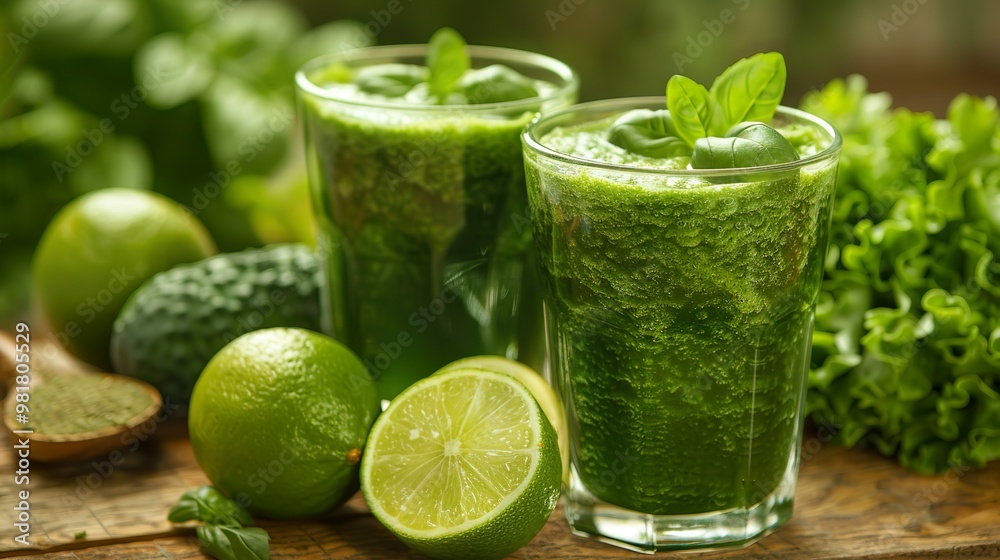 Two glasses filled with green smoothie made from organic greens, limes, and basil Two glasses filled with green smoothie made from organic greens, limes, and basil
