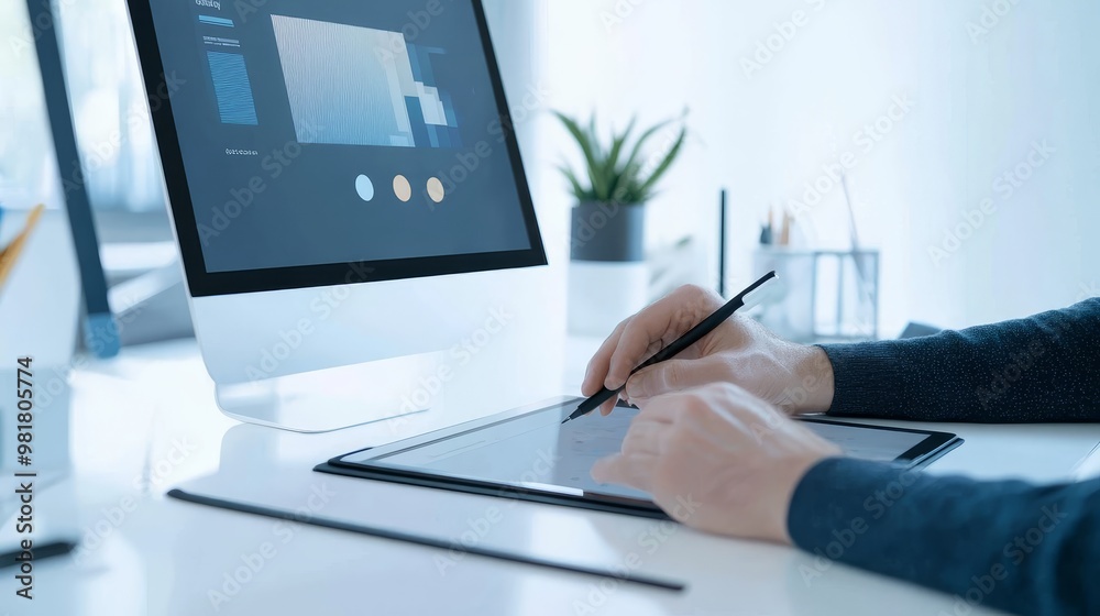 A graphic designer uses a digital pen on a tablet to design a creative ...