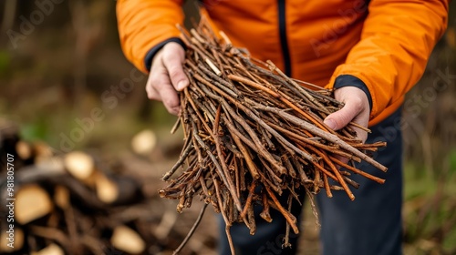 Person gathering firewood with an armful of dry sticks and twigs, camping survival, fire preparation photo