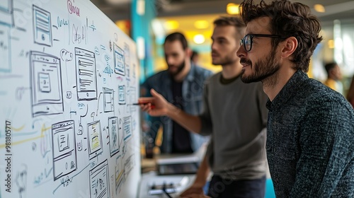 Team collaborating on project development, analyzing wireframe designs on a whiteboard in a modern workspace.