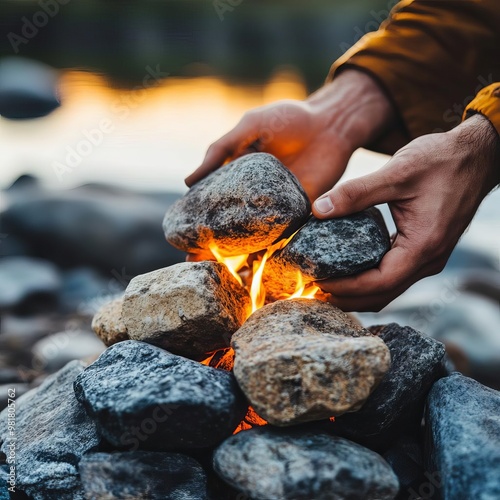 Person heating stones to create a sweat lodge, camping survival, natural sauna techniques