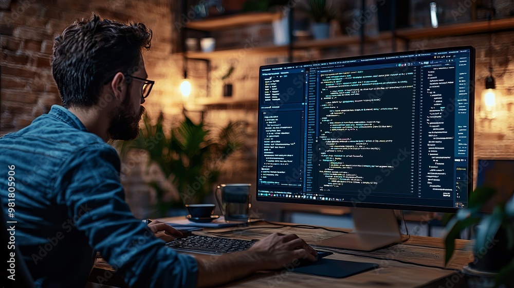 A programmer working in a modern workspace with code on the screen, showcasing creativity and technology in a collaborative environment. A programmer working in a modern workspace with code on the screen, showcasing creativity and technology in a collaborative environment.