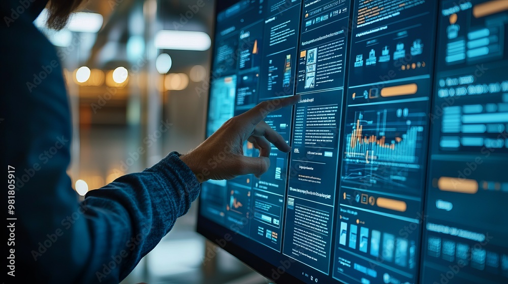 A person interacting with a digital dashboard, analyzing data with touch input and visualizations in a modern workspace. A person interacting with a digital dashboard, analyzing data with touch input and visualizations in a modern workspace.