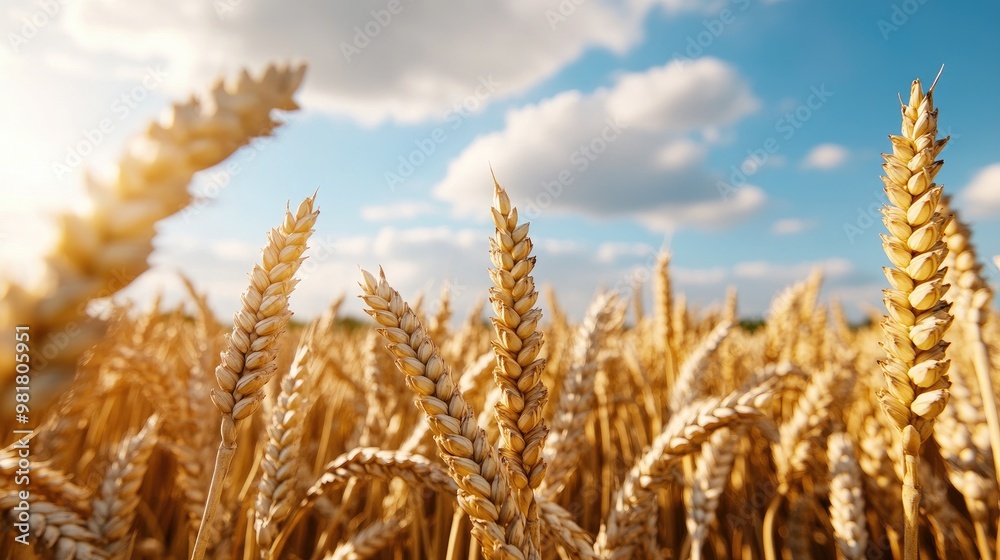 A close-up view of golden wheat fields under a bright blue sky with fluffy clouds, capturing the essence of agriculture and nature.