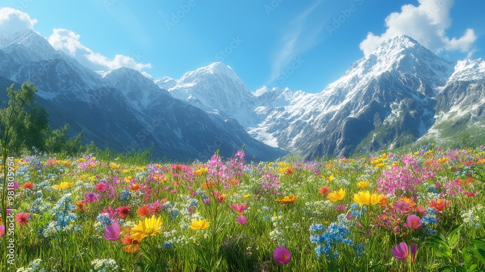 A Field of Colorful Wildflowers Against a Backdrop of Snowy Mountains A Field of Colorful Wildflowers Against a Backdrop of Snowy Mountains