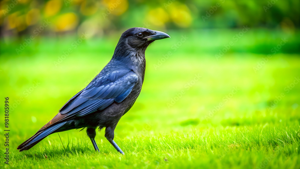 Crow standing on vibrant green grass , wildlife, bird, black, feathers, nature, outdoors, grassland, field, wild, animal Crow standing on vibrant green grass , wildlife, bird, black, feathers, nature, outdoors, grassland, field, wild, animal