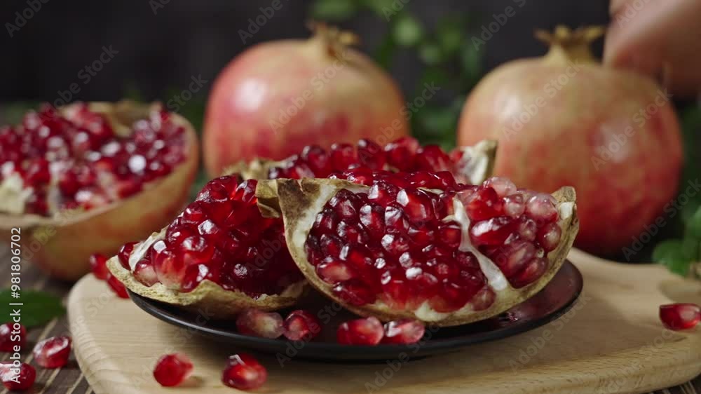 open pomegranates, and pomegranate seeds on wooden table. open pomegranates, and pomegranate seeds on wooden table.