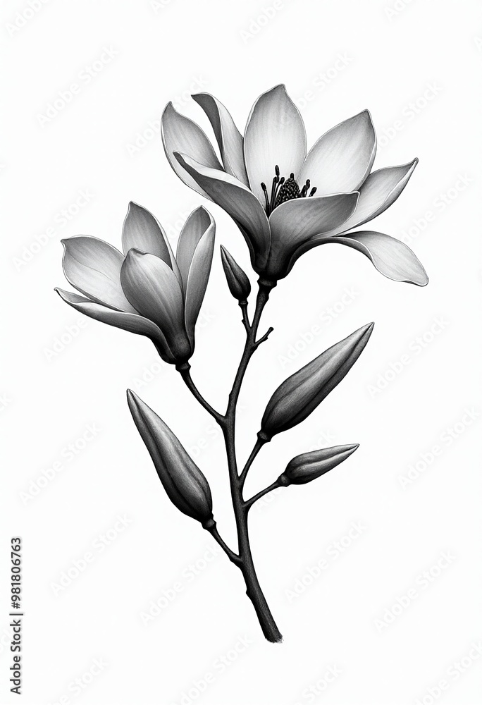 Obraz premium Intricate Magnolia Engraving: Botanical Art, Black and White Floral, Isolated Element