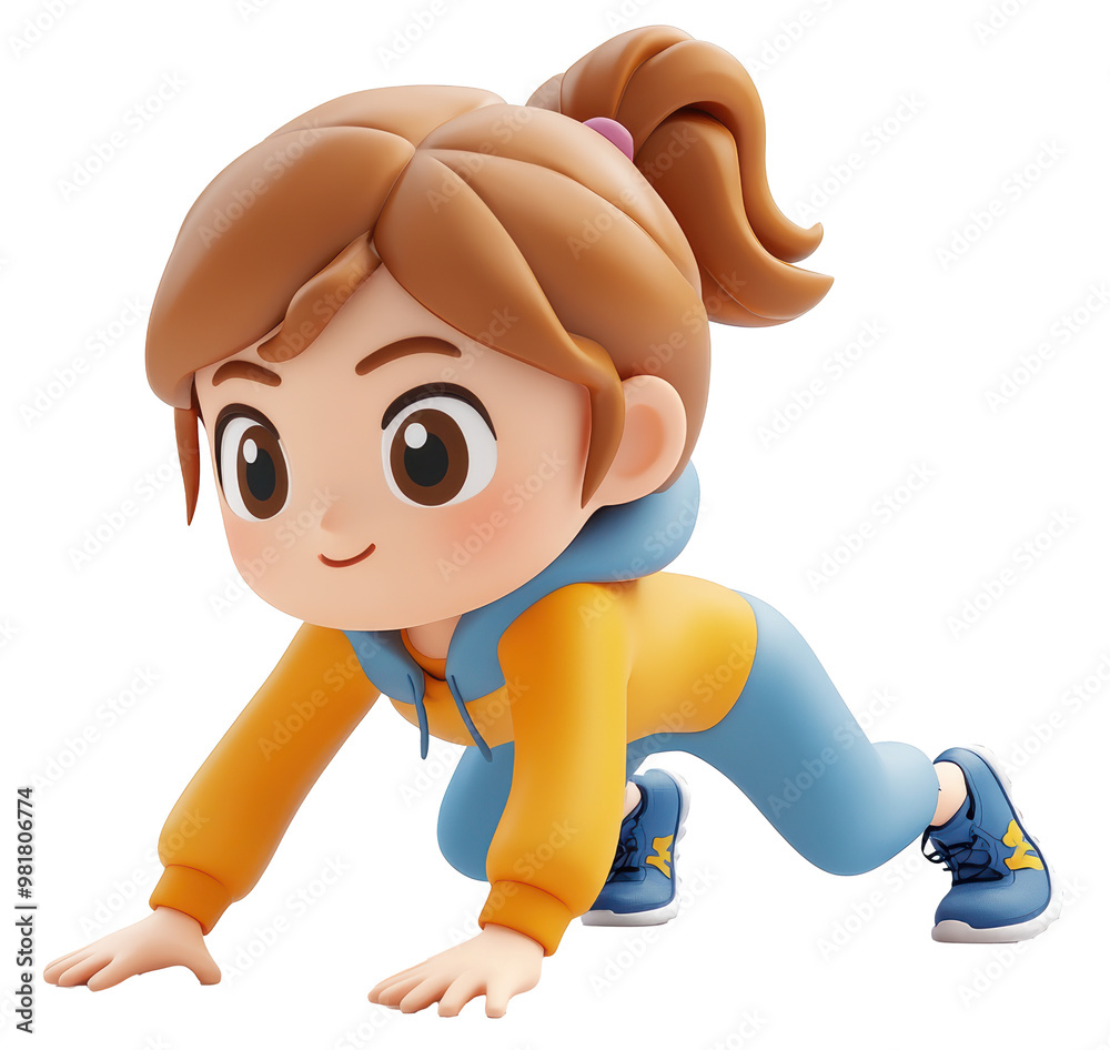A female character with large, expressive eyes, wearing a bright orange hoodie and light blue pants, is in a crouching position, ready to run. A female character with large, expressive eyes, wearing a bright orange hoodie and light blue pants, is in a crouching position, ready to run.