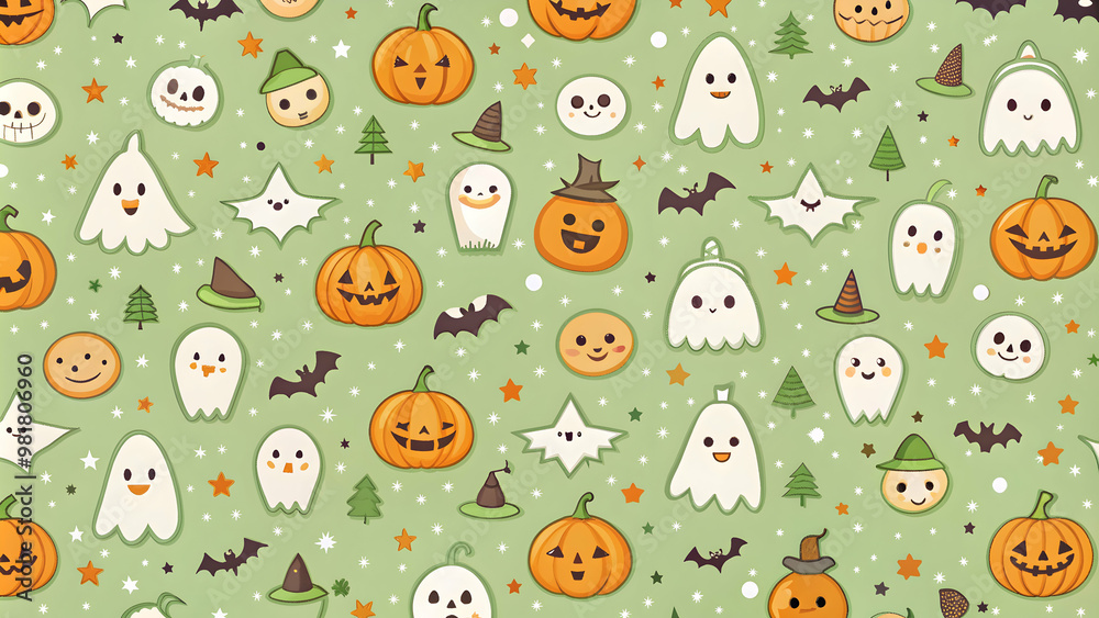 Cute Halloween seamless mini light green pattern with smiling pumpkins, ghosts, bats, and witches, Halloween, seamless, mini Cute Halloween seamless mini light green pattern with smiling pumpkins, ghosts, bats, and witches, Halloween, seamless, mini
