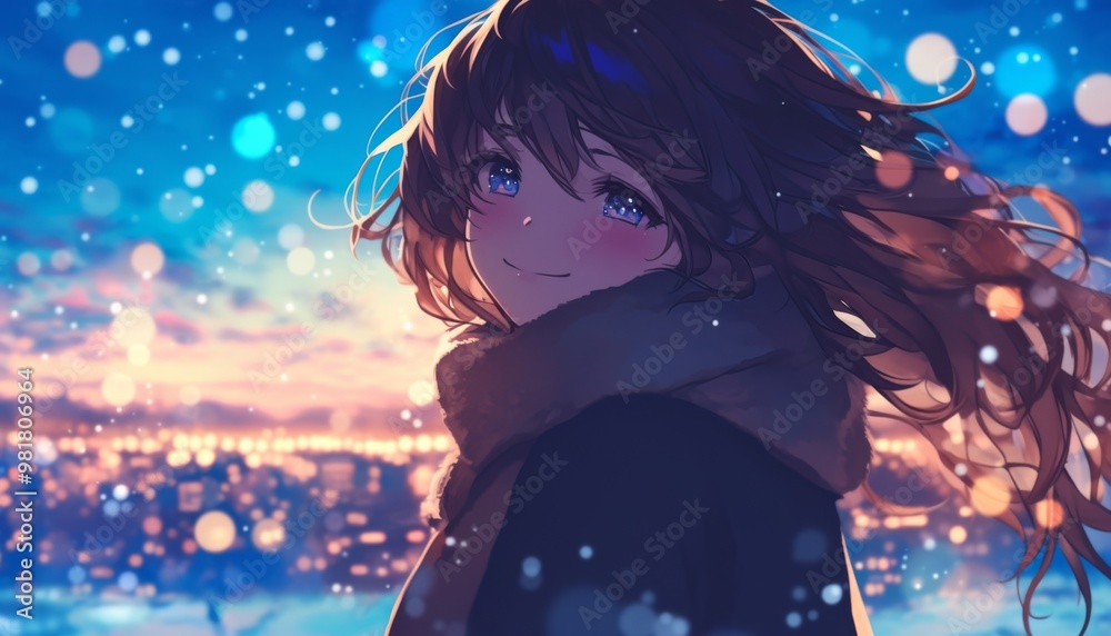 A beautiful anime girl smiling against a backdrop of city lights, with snow falling and wind blowing her hair back, all under a stunning blue sky and vibrant cityscape.
A beautiful anime girl smiling against a backdrop of city lights, with snow falling and wind blowing her hair back, all under a stunning blue sky and vibrant cityscape.