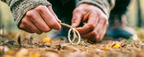 Person setting a snare trap with a loop of cord, forest floor, camping survival, primitive trapping techniques