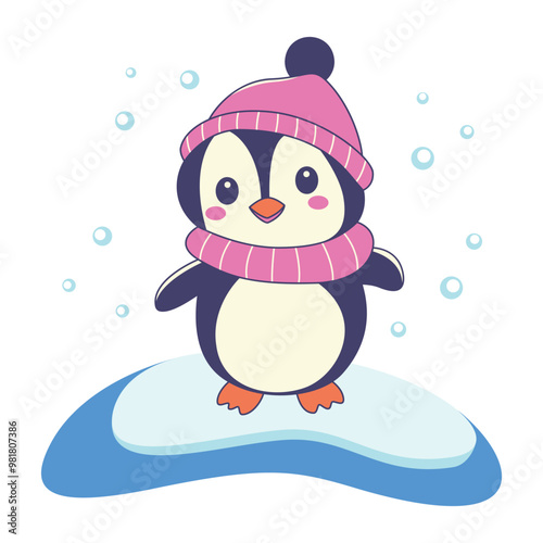 Cute Penguin Animal Character Wearing Hat Scarf Warm Clothes Standing on Polar Ice While Smiling