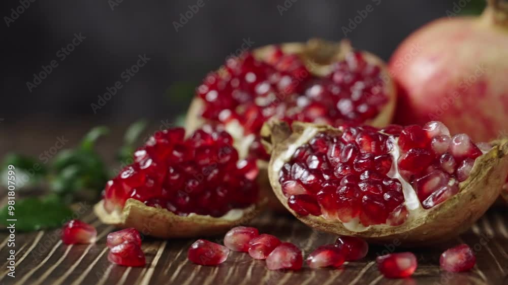 open pomegranates, and pomegranate seeds on wooden table. open pomegranates, and pomegranate seeds on wooden table.