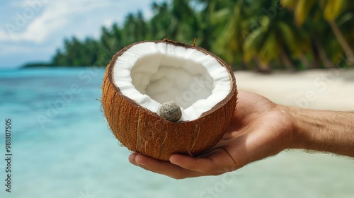 Survivalist breaking open a coconut with a rock on a deserted island, camping survival, improvised food sourcing photo