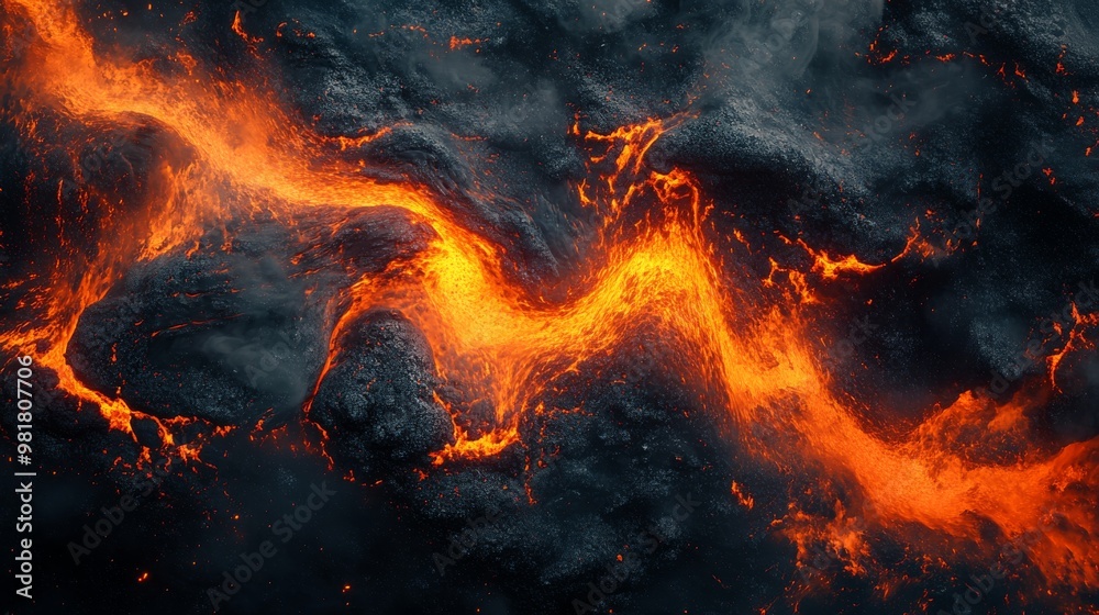 Aerial View of Molten Lava Flowing Over Blackened Ground Aerial View of Molten Lava Flowing Over Blackened Ground