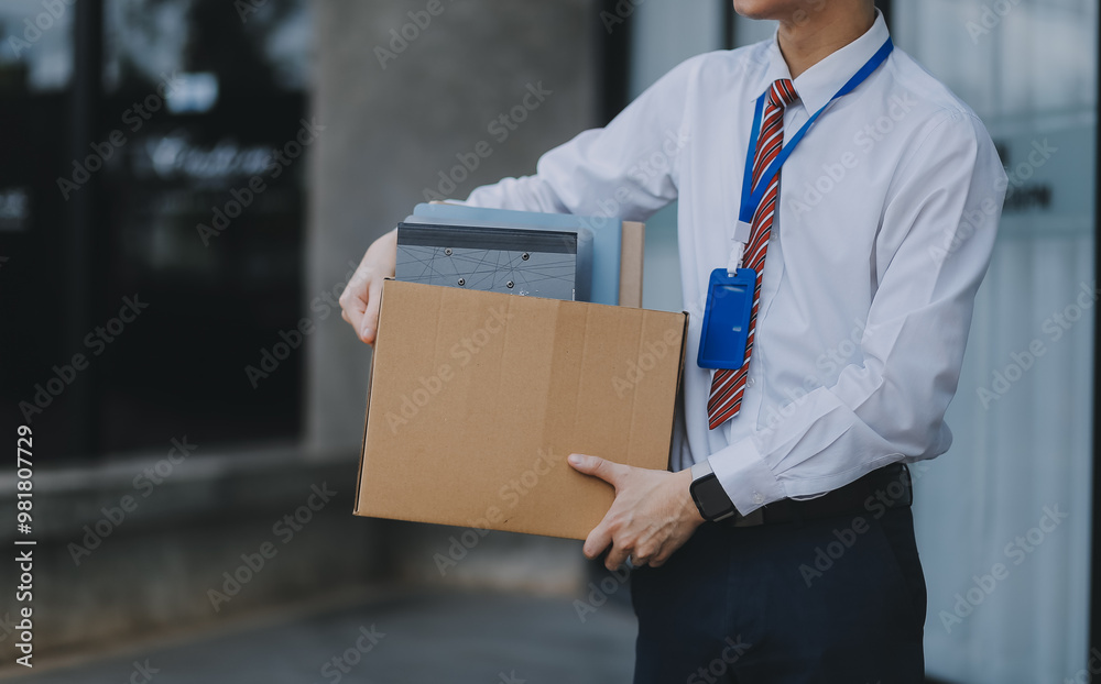 Sadness depressed Businessman with box cardboard packing personal items after losing jobs. Failure businessman sitting at stair front of building. Your fired Unemployed Jobless People Crisis Sadness depressed Businessman with box cardboard packing personal items after losing jobs. Failure businessman sitting at stair front of building. Your fired Unemployed Jobless People Crisis