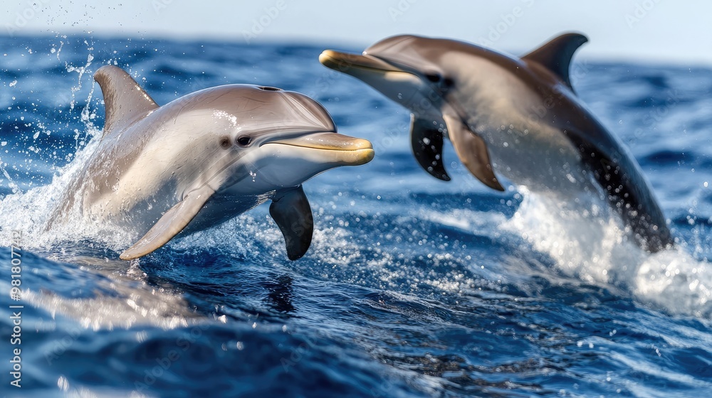 Obraz premium Two dolphins playfully jumping out of the ocean, showcasing their agility and the beauty of marine life in a vibrant, sunny environment.