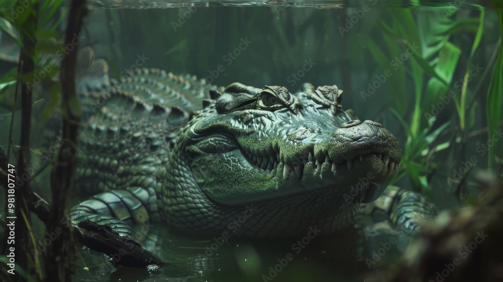 Fototapeta premium Fierce Alligator Lurking in Lush Green Wetland Habitat with Reflection in Water