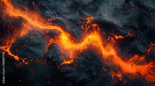 Aerial View of Molten Lava Flowing Over Blackened Ground