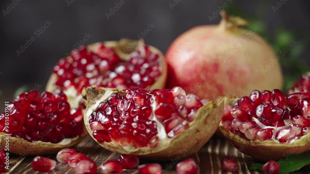 open pomegranates, and pomegranate seeds on wooden table. open pomegranates, and pomegranate seeds on wooden table.