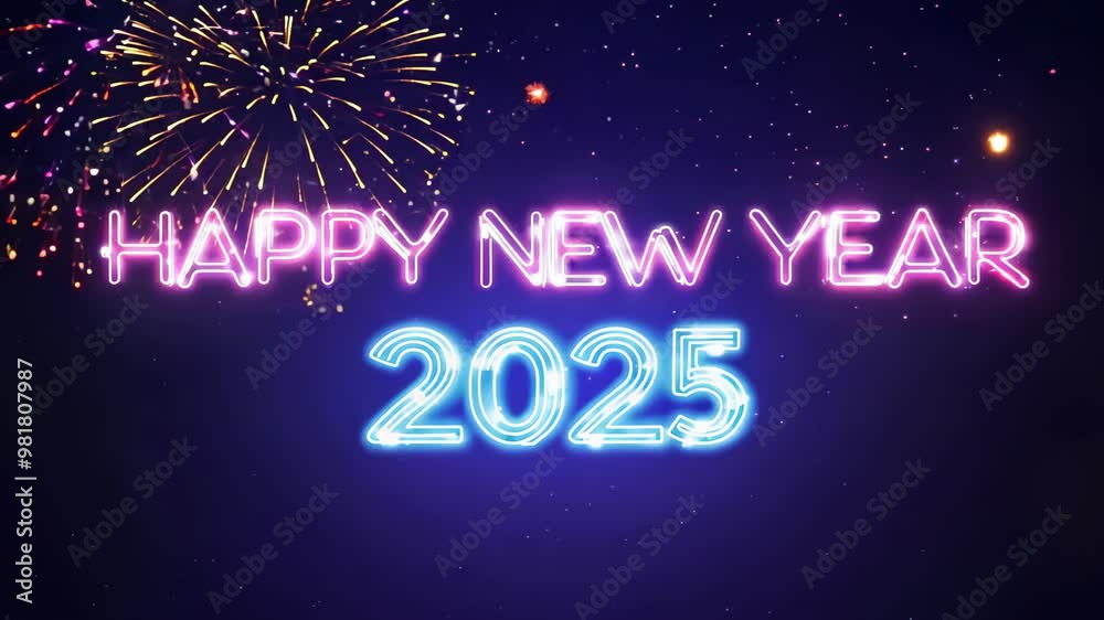 A vibrant illustration for New Year's Eve 2025, featuring a dark sky lit by colorful fireworks. glowing A vibrant illustration for New Year's Eve 2025, featuring a dark sky lit by colorful fireworks. glowing