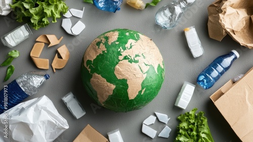 A colorful globe surrounded by recyclable materials and fresh produce, highlighting environmental awareness and sustainability efforts.