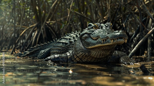 Fierce Alligator Lurking in the Swampy Wetland Waters