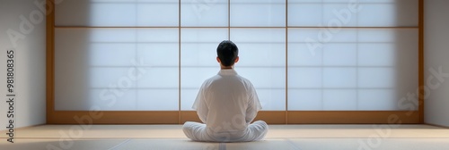 A man meditates in a serene room, surrounded by traditional Japanese shoji screens, finding peace and mindfulness. photo