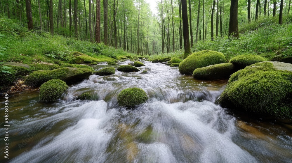 A serene forest stream flows over moss-covered stones, surrounded by lush greenery, evoking tranquility and natural beauty. A serene forest stream flows over moss-covered stones, surrounded by lush greenery, evoking tranquility and natural beauty.